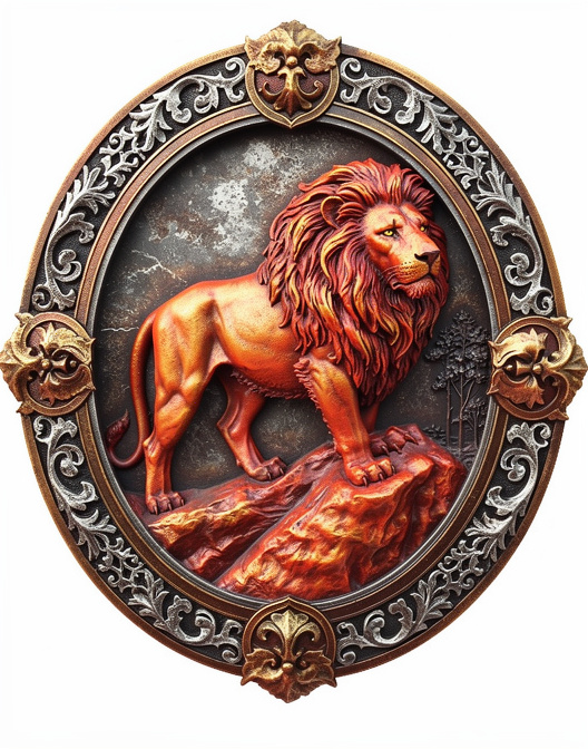 Lion Standing on Rock in Decorative Oval Frame