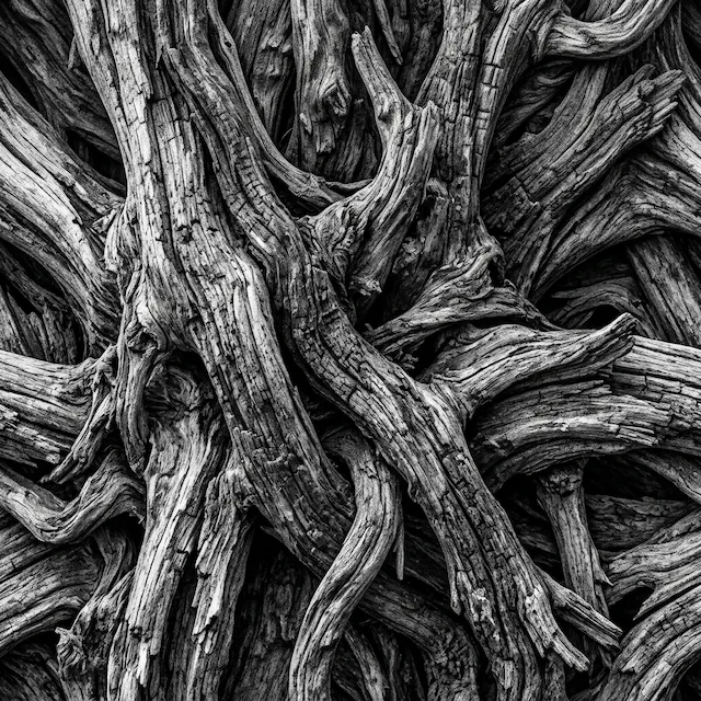 Intricate Texture of Interwoven Weathered Tree Branches
