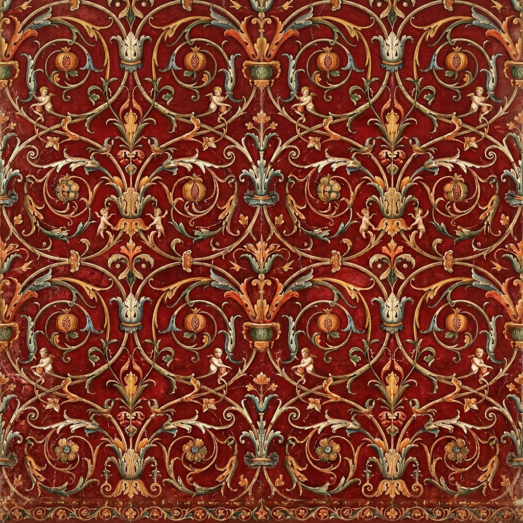 Renaissance Style Damask Pattern With Floral Motifs and Cherubs