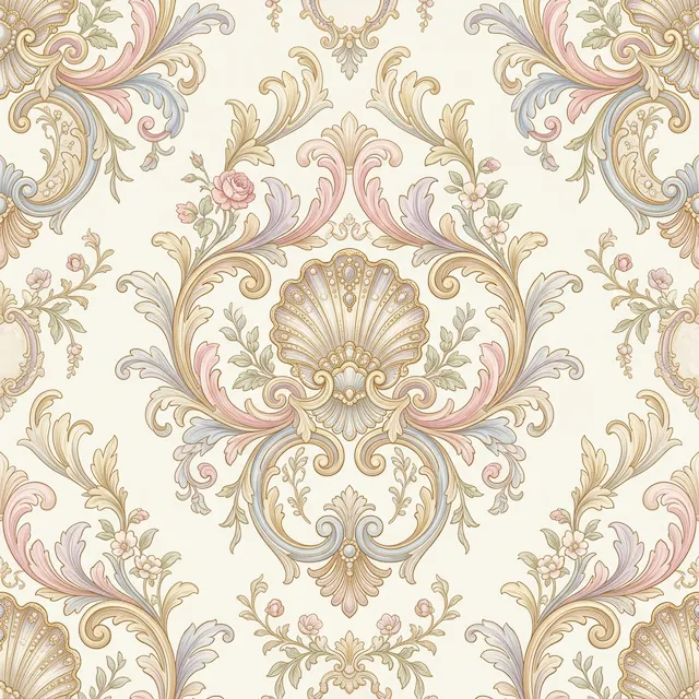 Ornate Baroque Damask Pattern With Shell And Floral Motifs