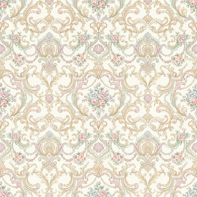 Elegant Victorian Damask Pattern With Floral Motifs and Shells
