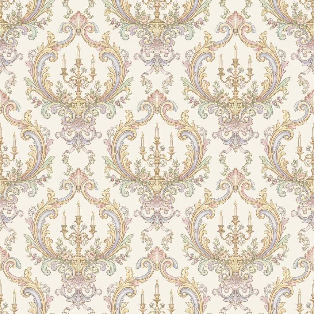 Ornate Baroque Damask Pattern With Candelabras and Floral Motifs