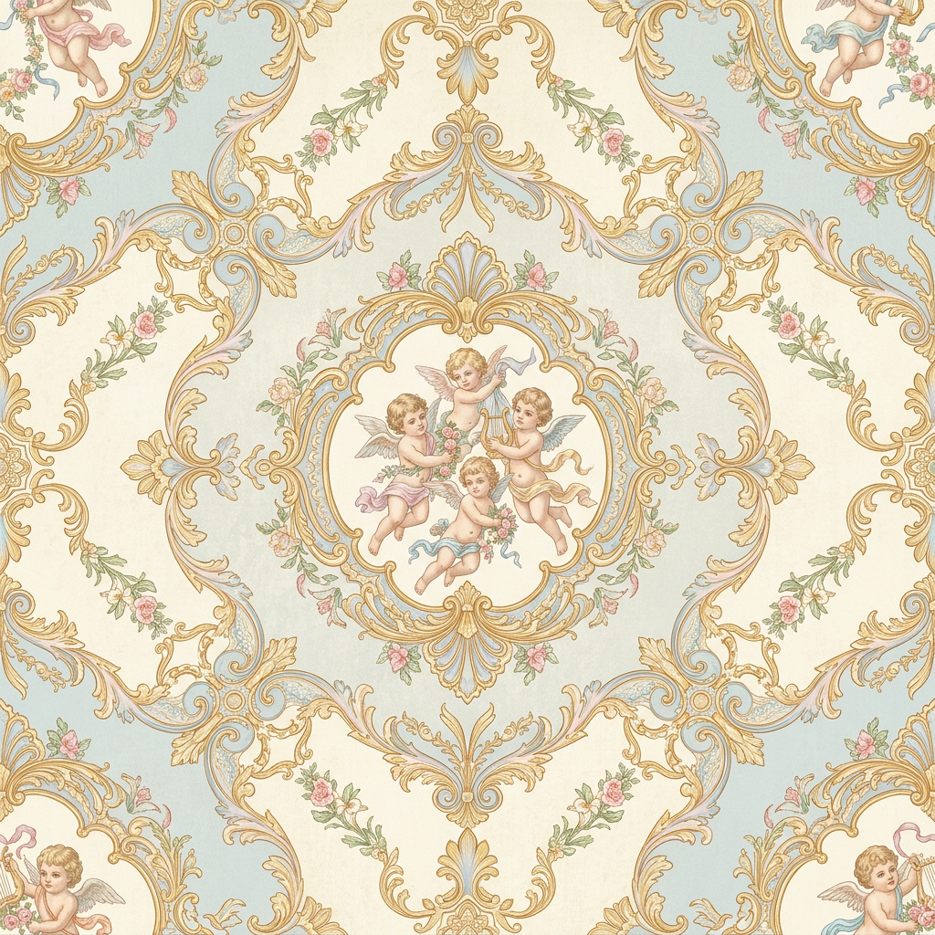 Ornate Baroque Pattern With Cherubs and Floral Scrollwork