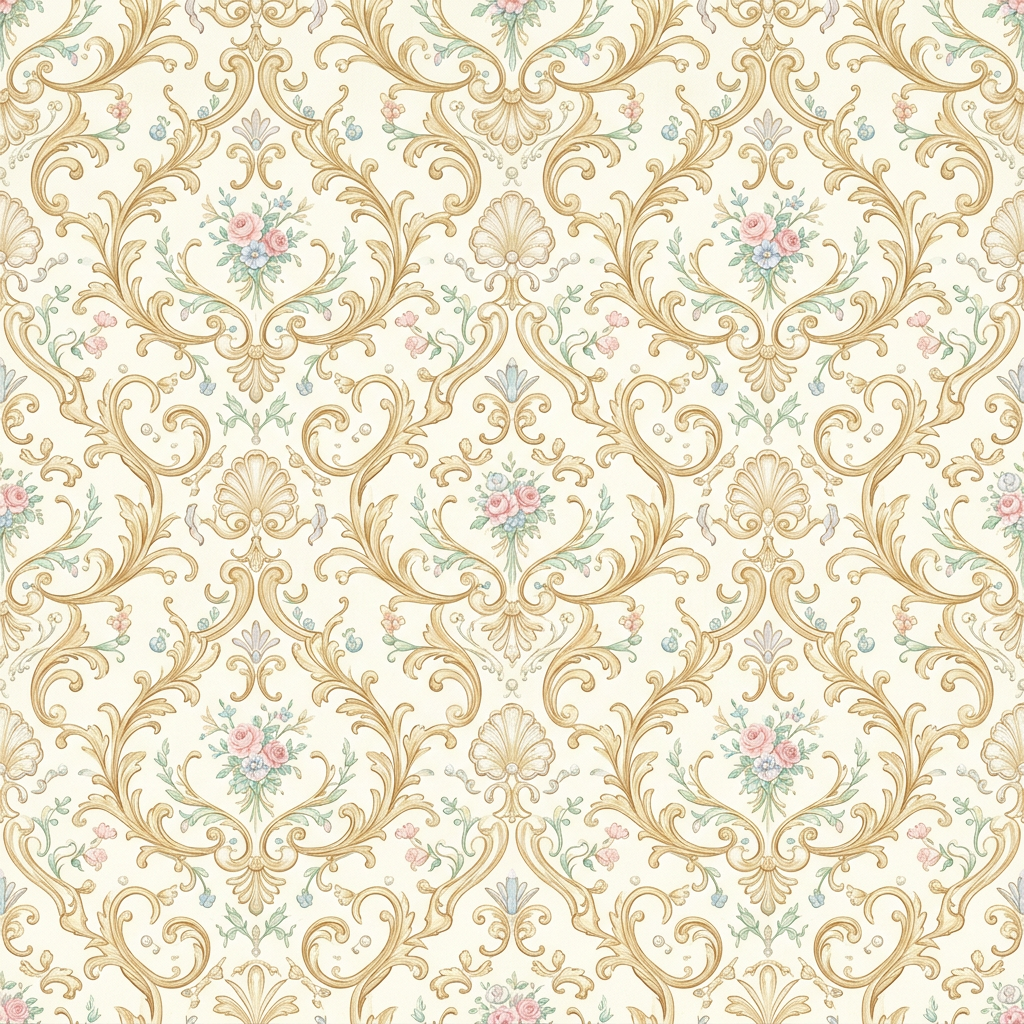 Victorian Damask Pattern With Floral Bouquets and Ornate Scrollwork