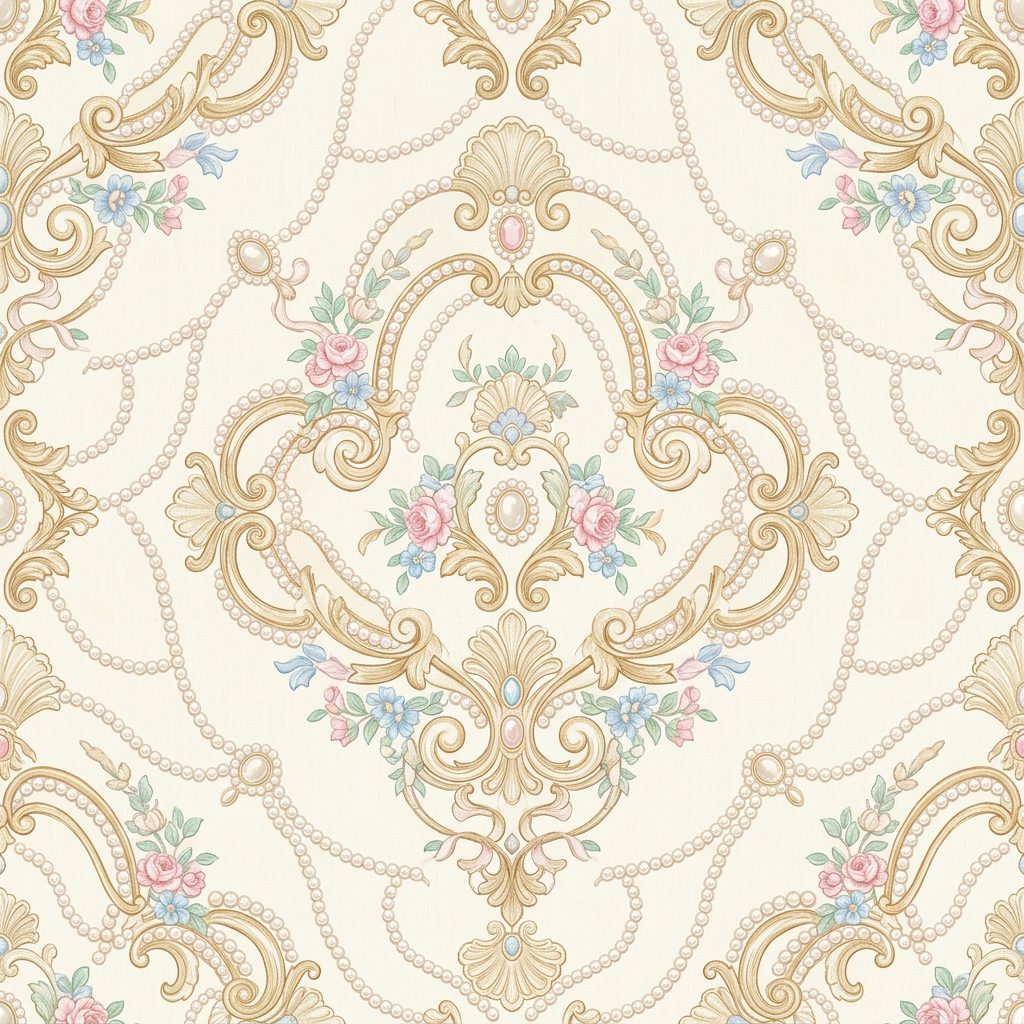 Victorian Damask Pattern With Floral Motifs And Pearl Swags