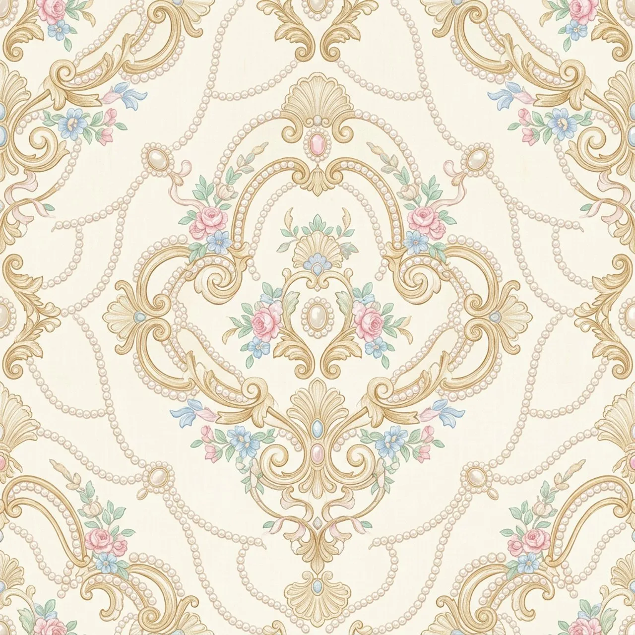 Laser cut and engrave Victorian Damask Pattern With Floral Motifs And Pearl Swags
