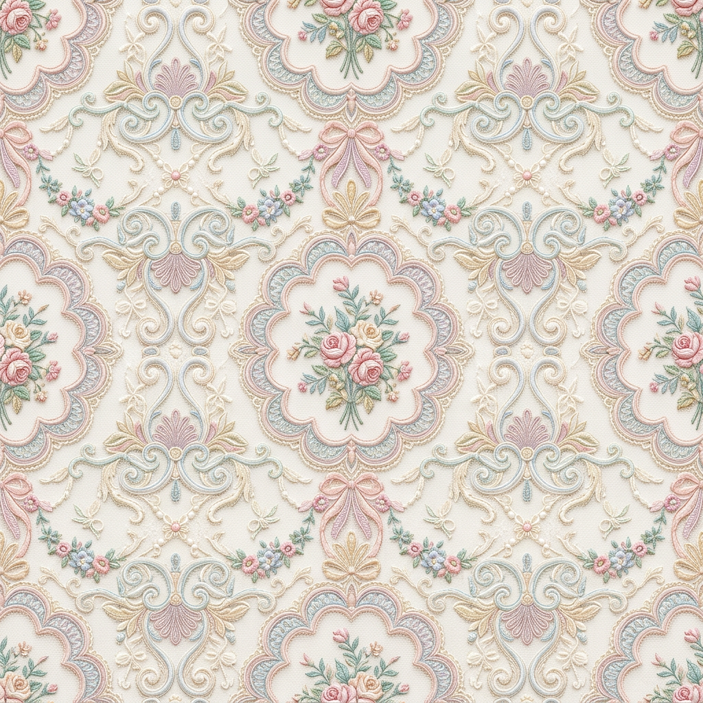 Victorian Damask Floral Pattern With Ornamental Scrolls And Bows