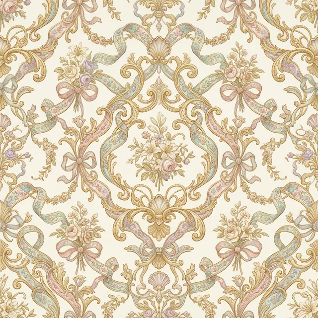 Victorian Damask Pattern With Floral Bouquets And Ribbon Swags