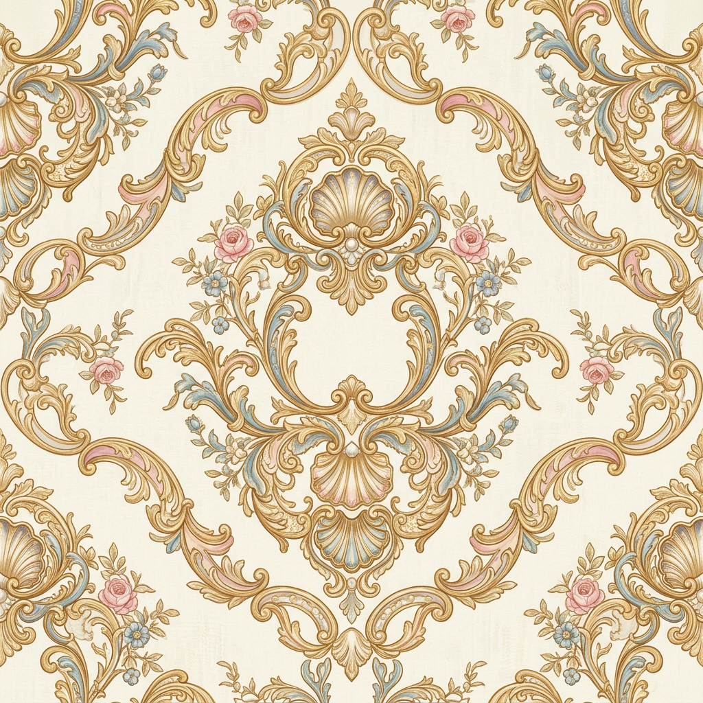 Ornate Baroque Damask Pattern With Floral Motifs and Shells