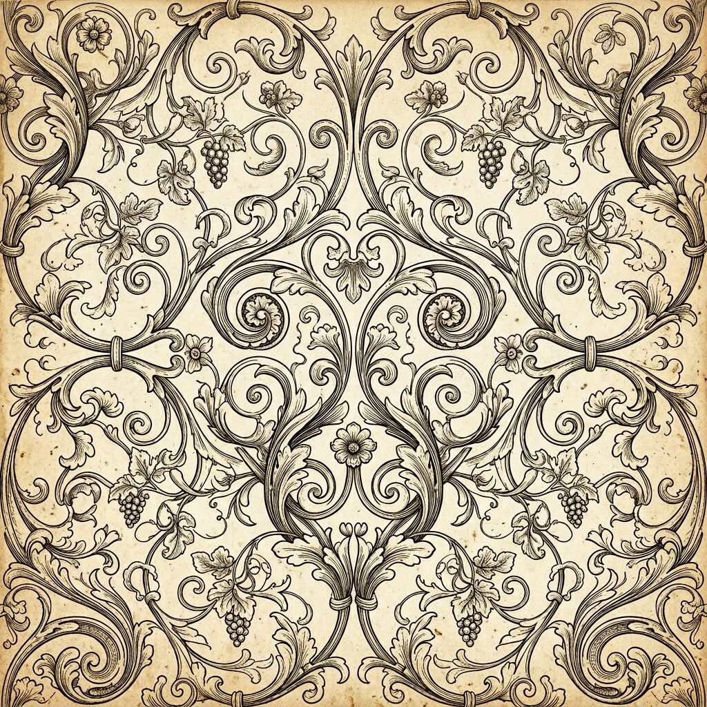 Ornate Baroque Damask Pattern With Acanthus Leaves And Grapes