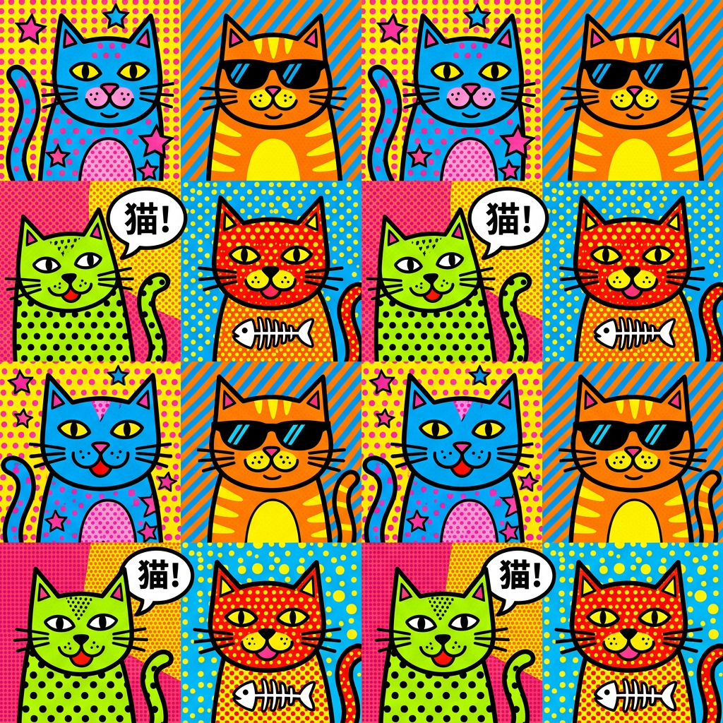 Pop Art Style Cat Pattern With Colorful Geometric Backgrounds