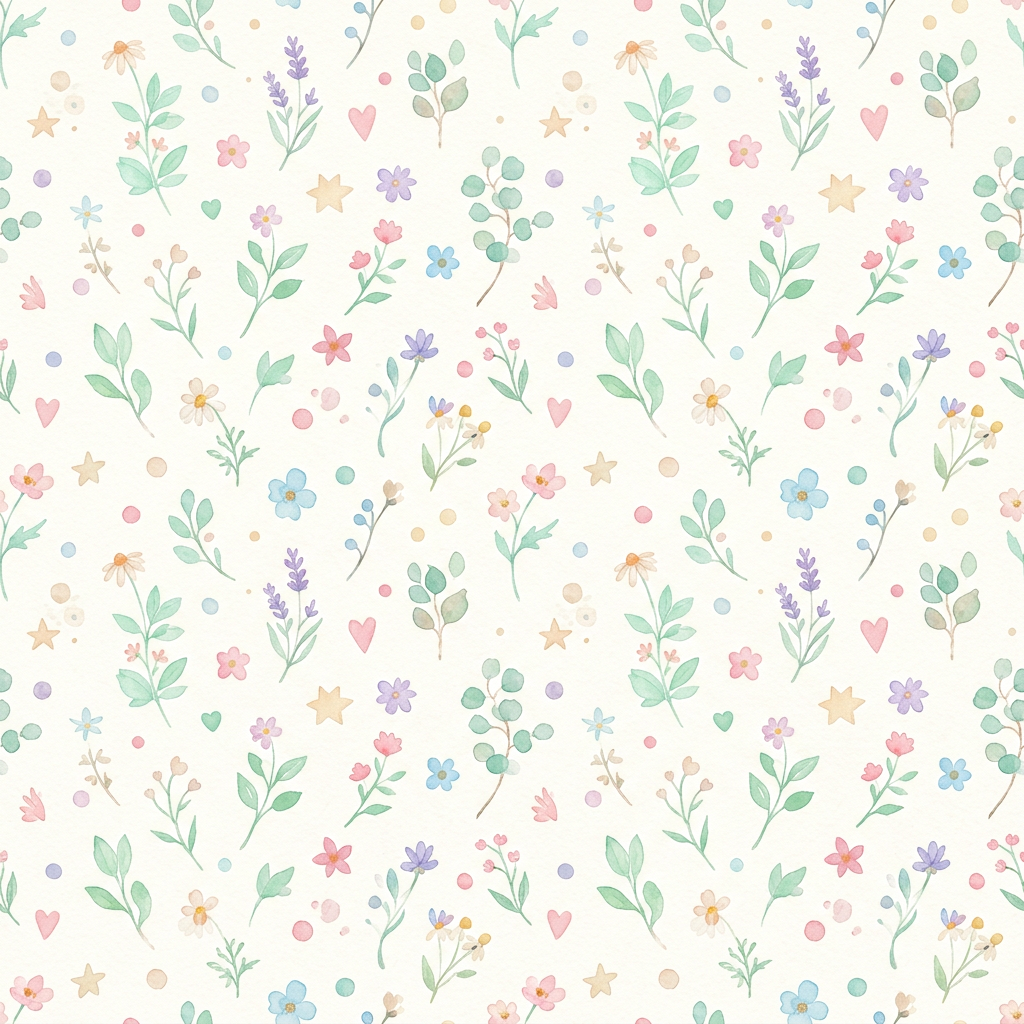 Seamless Pattern With Watercolor Flowers Leaves Hearts And Stars