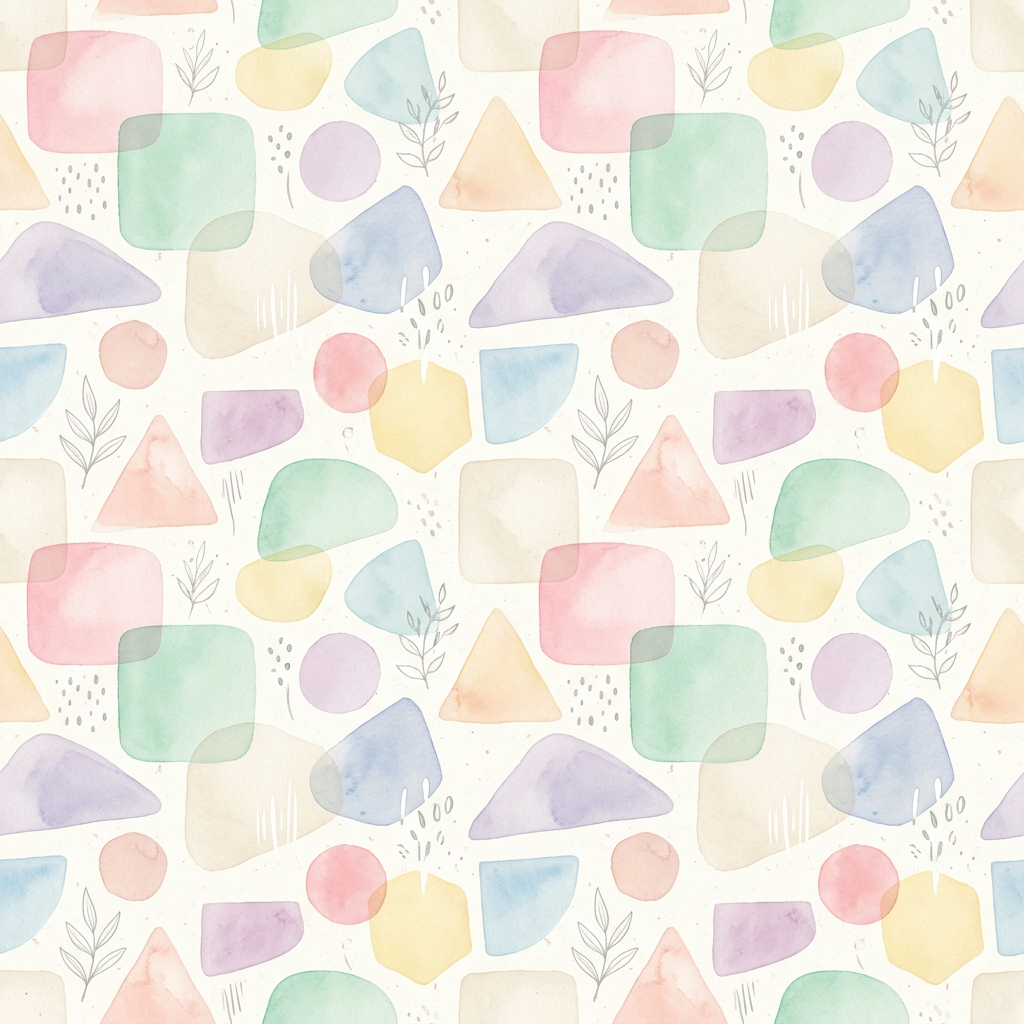 Abstract Geometric Pattern With Watercolor Shapes and Botanical Line Art