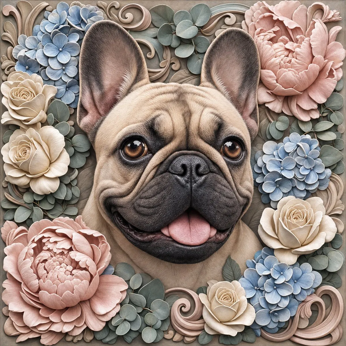 Laser cut and engrave french-bulldog-hydrangea-peony