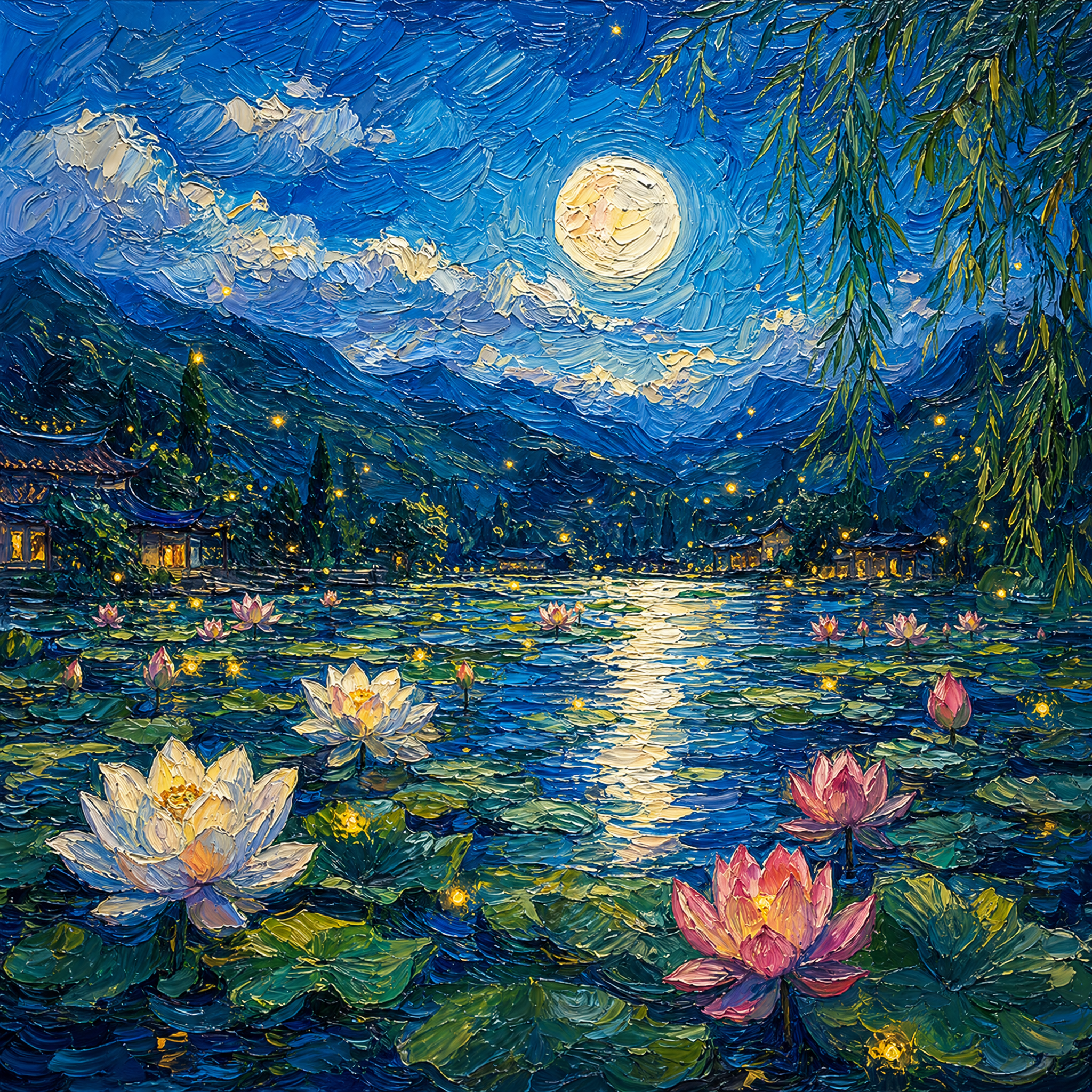 Moonlit lotus pond landscape