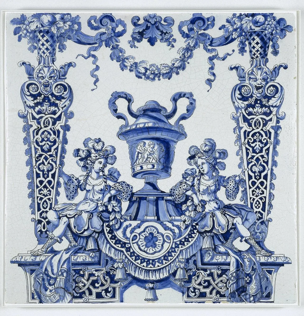 Laser cut and engrave Adrianus_Kocx-Tegel_met_voorstelling_in_blauw_van_twee_vrouwen_a-BK-KOG-2568