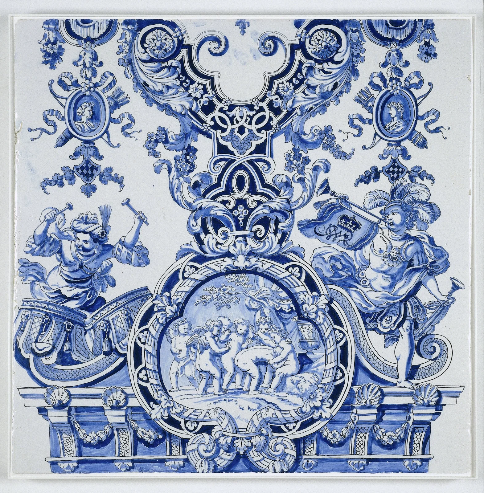 Adrianus_Kocx-Tegel_met_voorstelling_in_blauw_van_een_medaillon-BK-KOG-1680