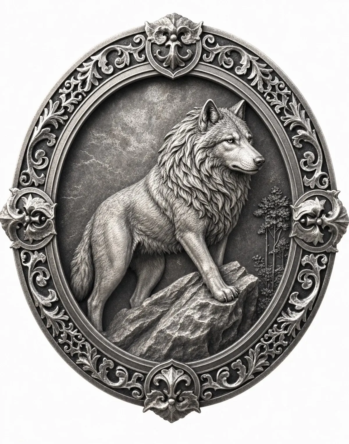 Laser cut and engrave relief_oval_gray_wolf_antique_silver