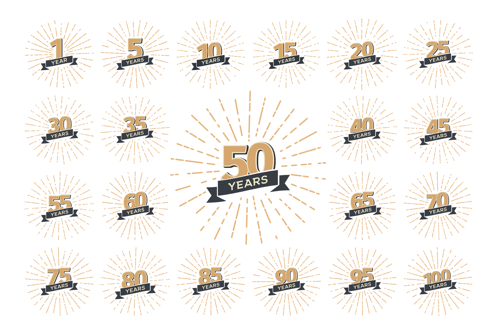 Anniversary Badge Collection With Sunburst Motifs