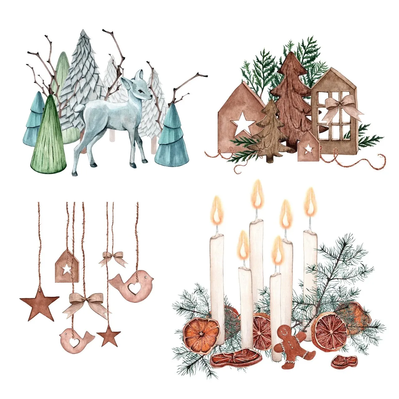 Laser cut and engrave Christmas Holiday Watercolor Decorative Elements Set