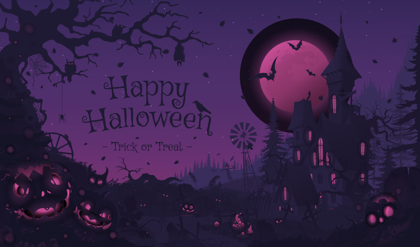 Haunted House Halloween Scene With Pumpkins