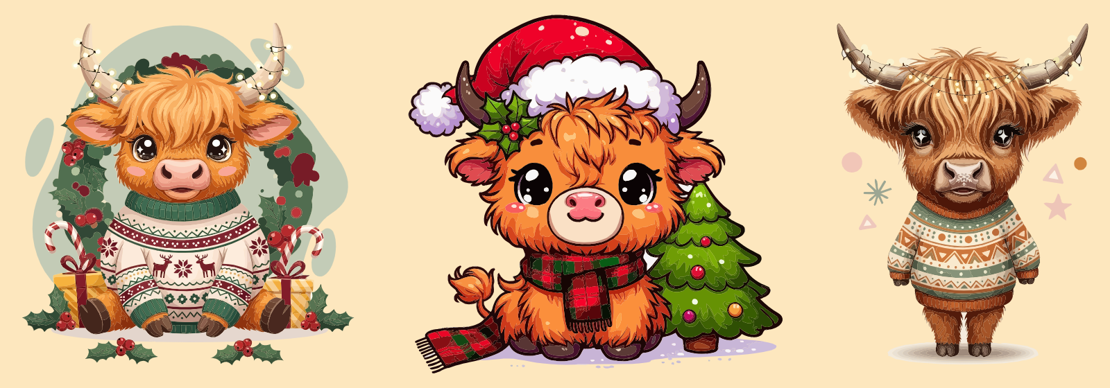 Christmas Highland Cow Illustration Set