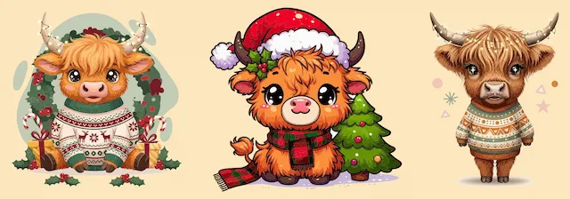 Christmas Highland Cow Illustration Set