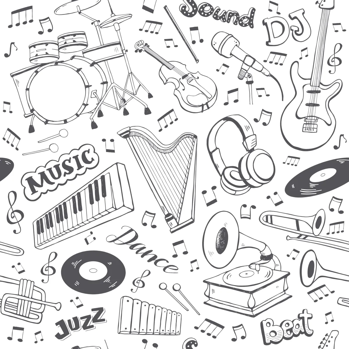 Laser cut and engrave Seamless Music Pattern With Various Instruments