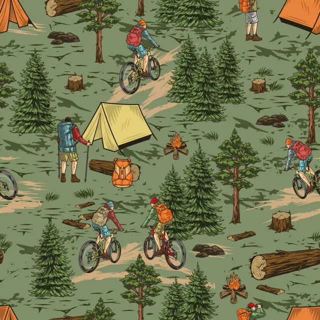 Camping And Mountain Biking Seamless Pattern