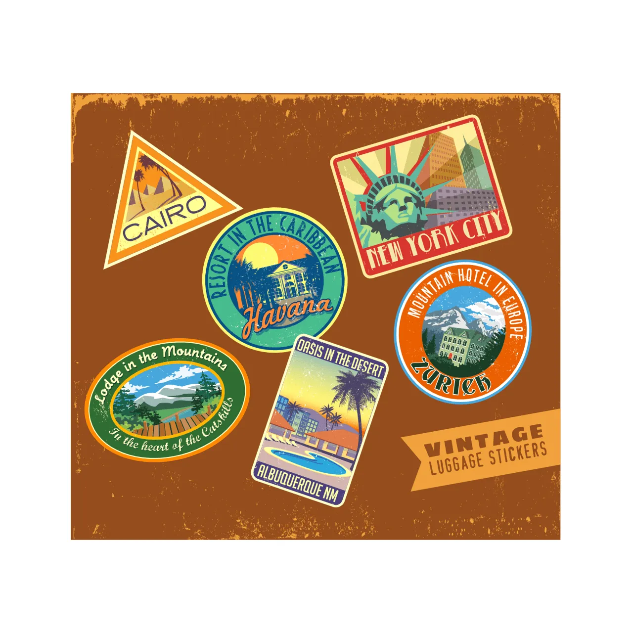 Laser cut and engrave Vintage Travel Luggage Sticker Collection