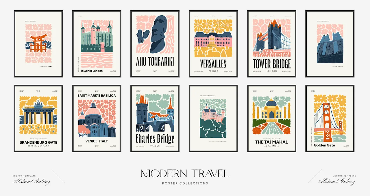 Laser cut and engrave Collection Of Global Landmark Travel Posters