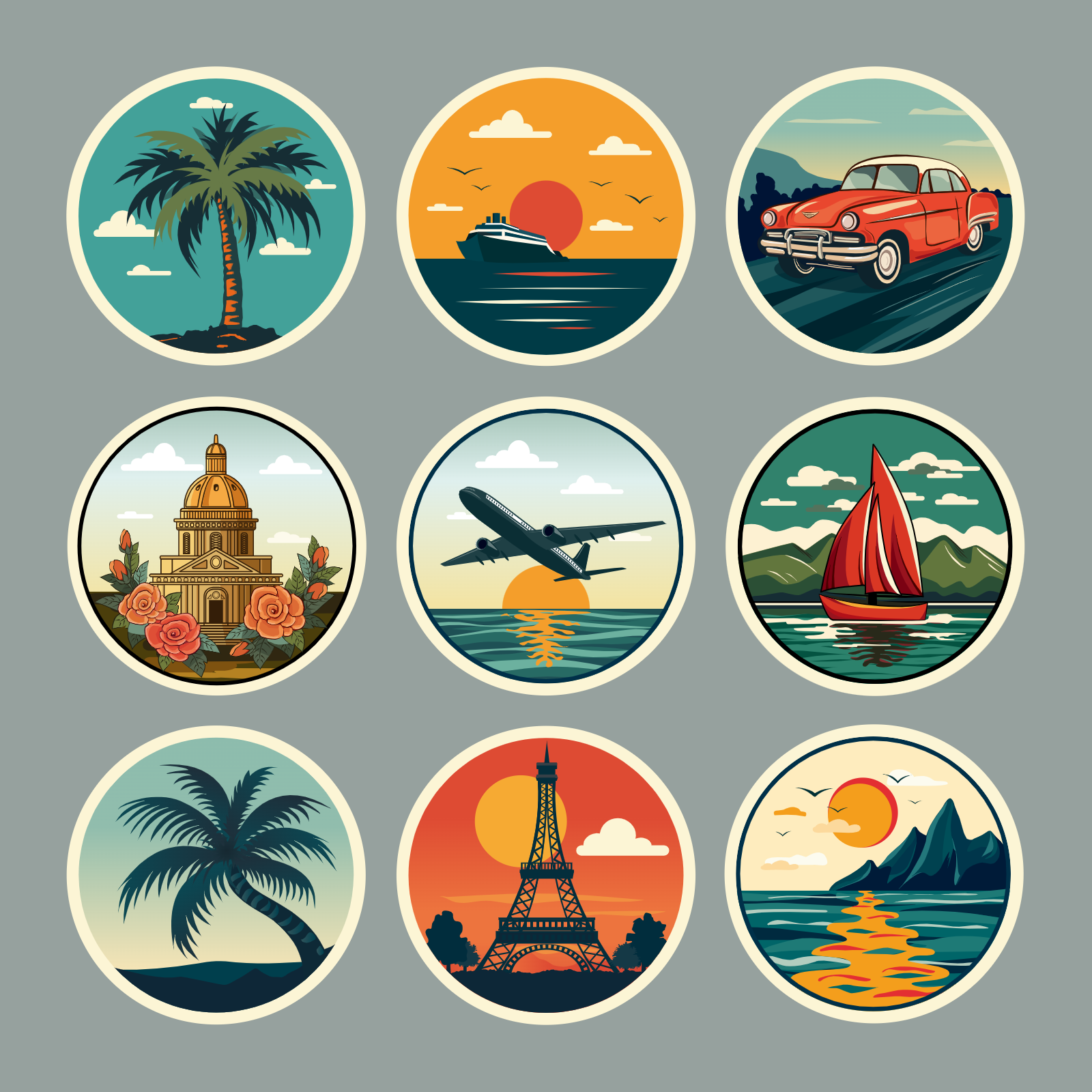 Travel Themed Circular Icons Set