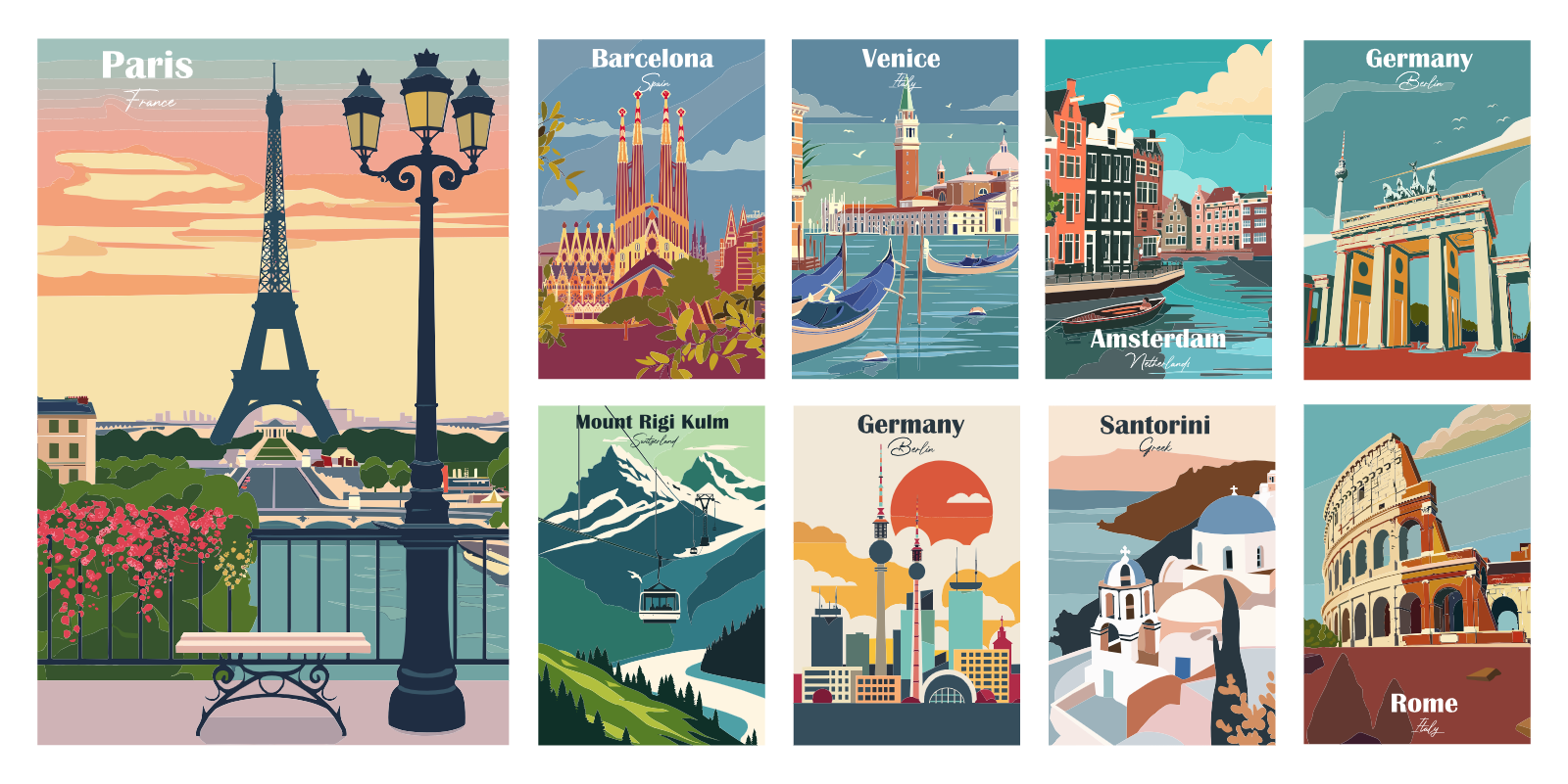 European Travel Landmark Poster Set