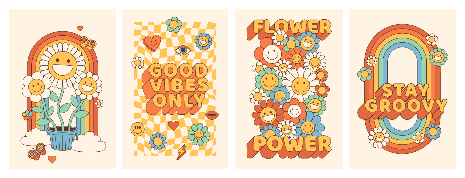 Retro Groovy Flower Power Poster Set