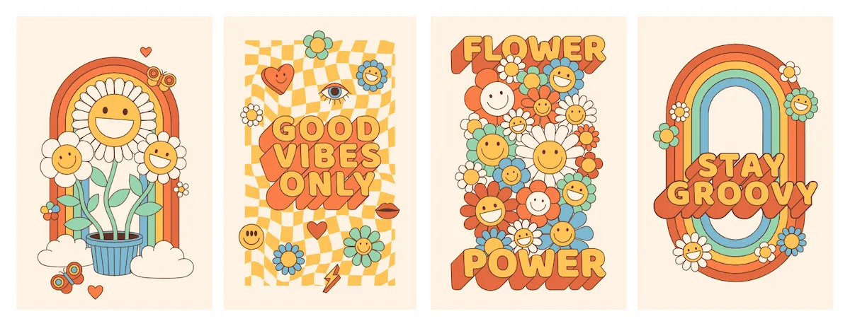 Laser cut and engrave Retro Groovy Flower Power Poster Set