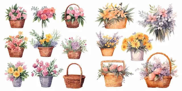 Collection Of Flower Baskets And Bouquets