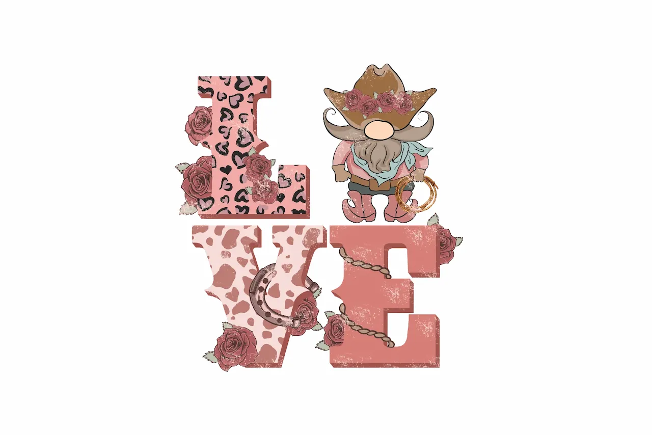 Laser cut and engrave Cowboy Gnome With Rose Love Letters