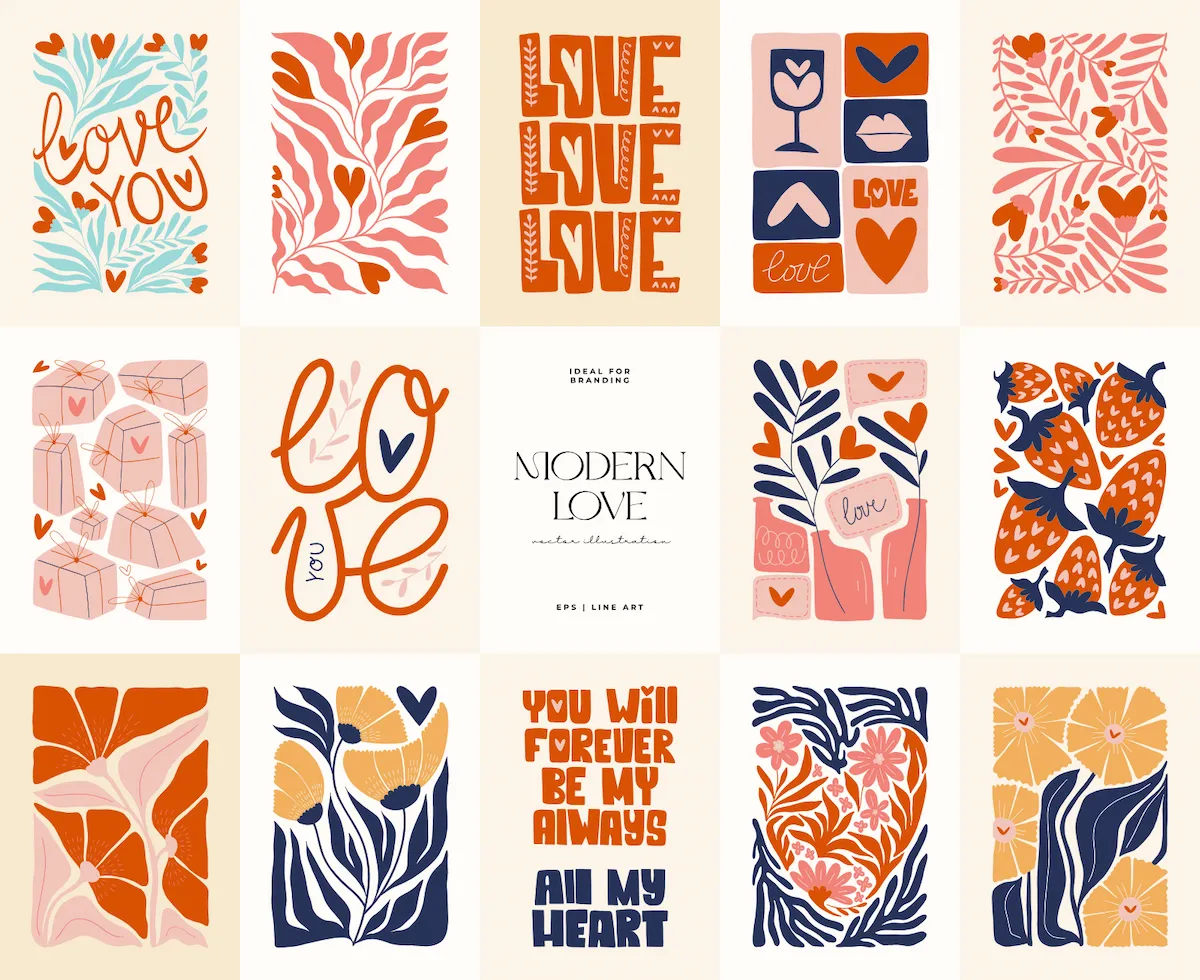 Laser cut and engrave Modern Love Themed Decorative Illustration Set