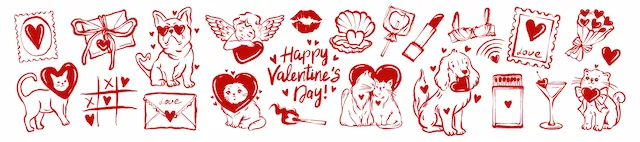 Valentine Day Elements With Cats And Dogs