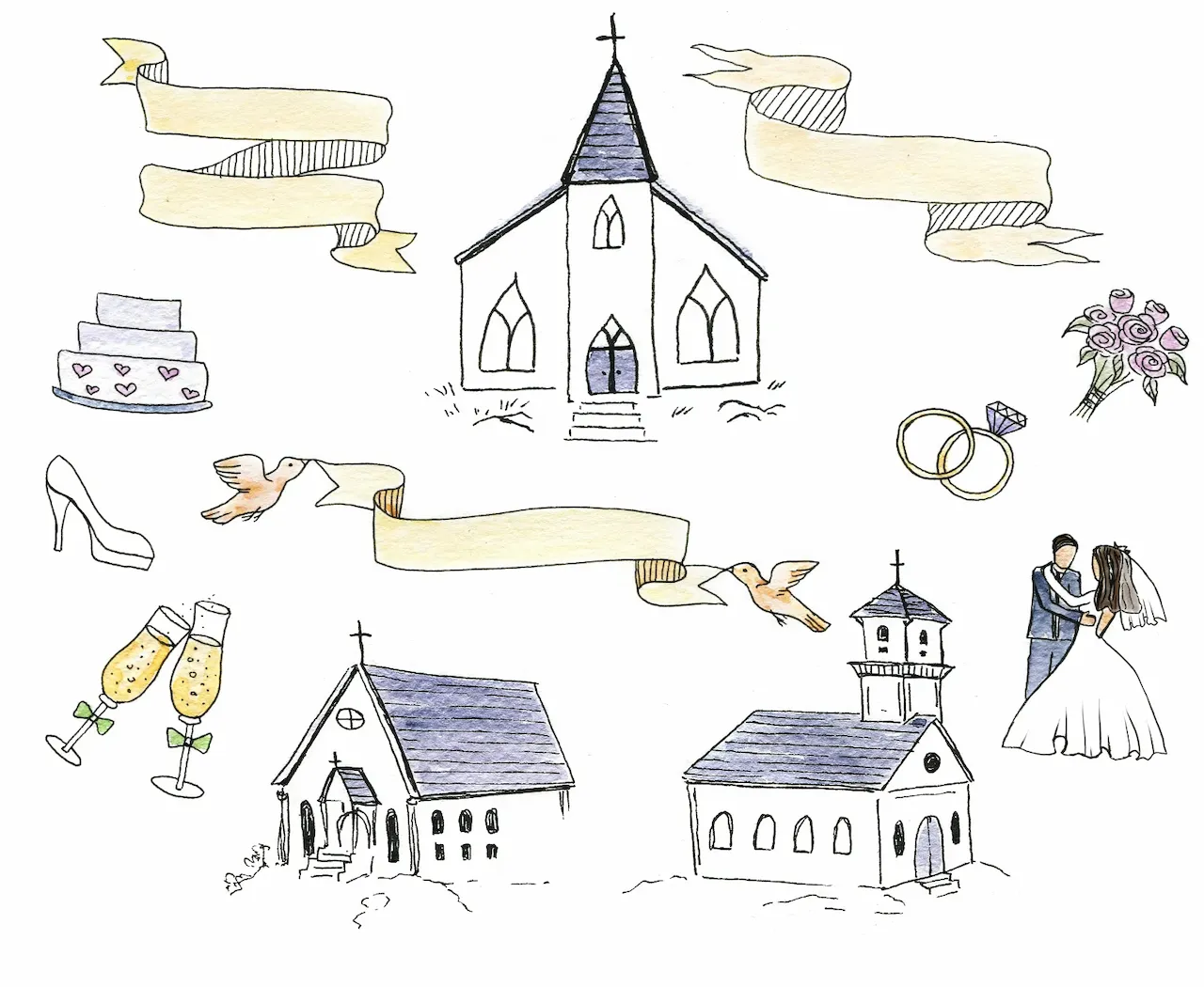 Laser cut and engrave Wedding Theme Icons With Church And Couple
