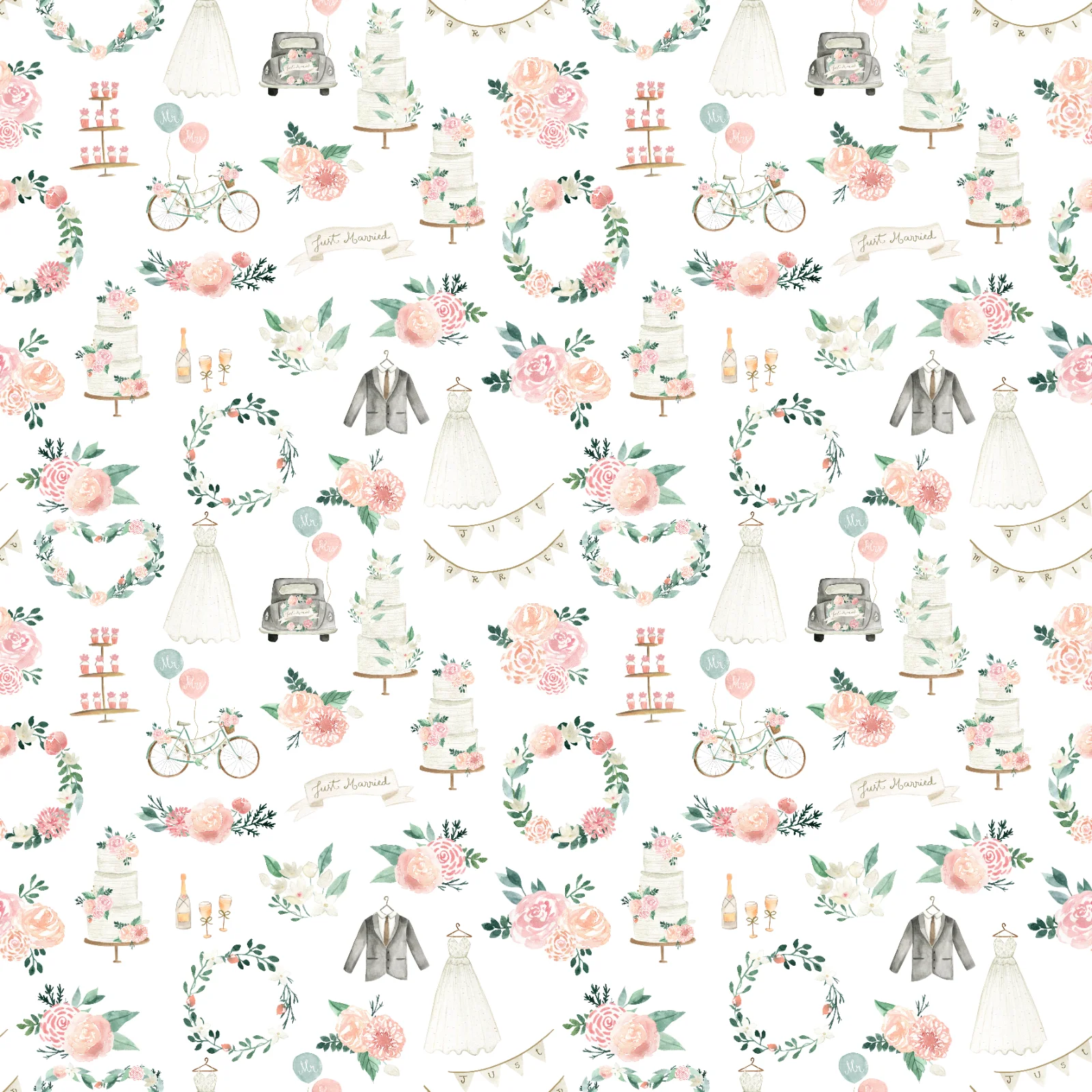 Wedding Theme Seamless Pattern With Flowers