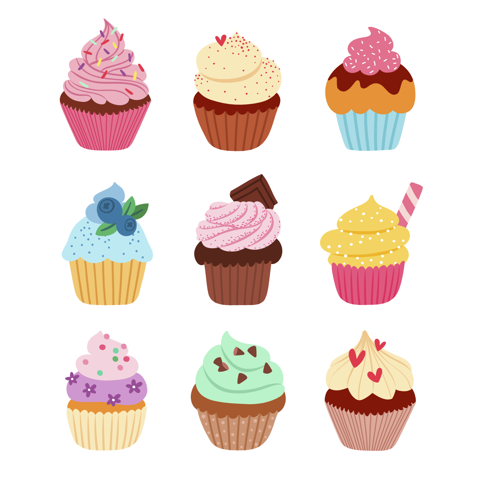 Collection Of Nine Decorative Cupcake Illustrations