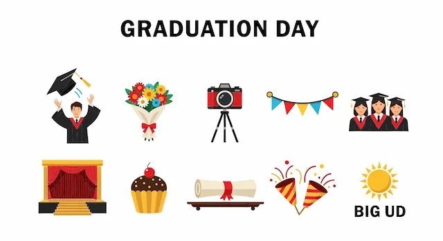 Graduation Day Icons Set With Celebratory Motifs