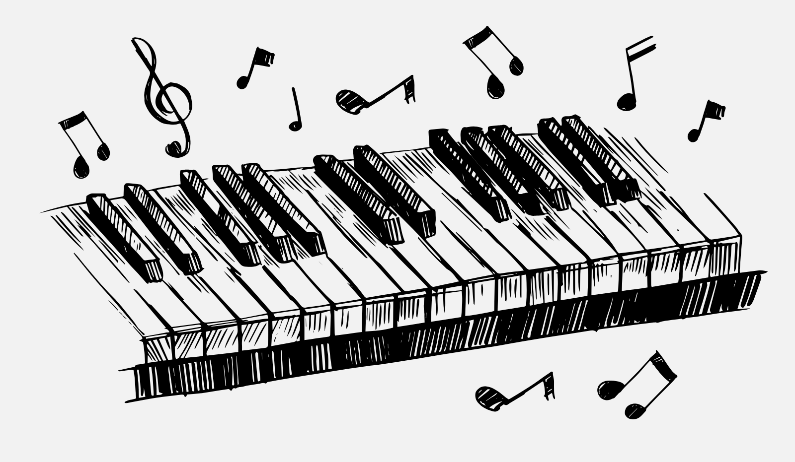 Piano Keyboard With Floating Musical Notes