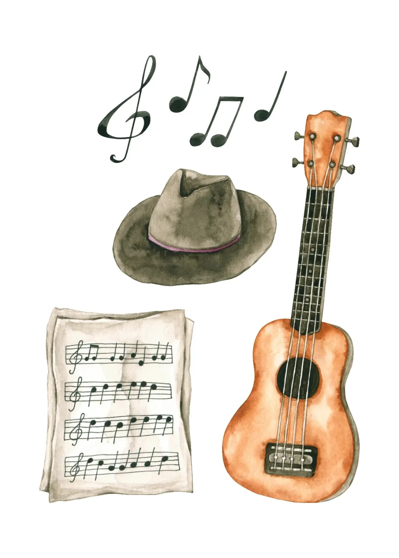 Laser cut and engrave Ukulele With Hat And Musical Notes