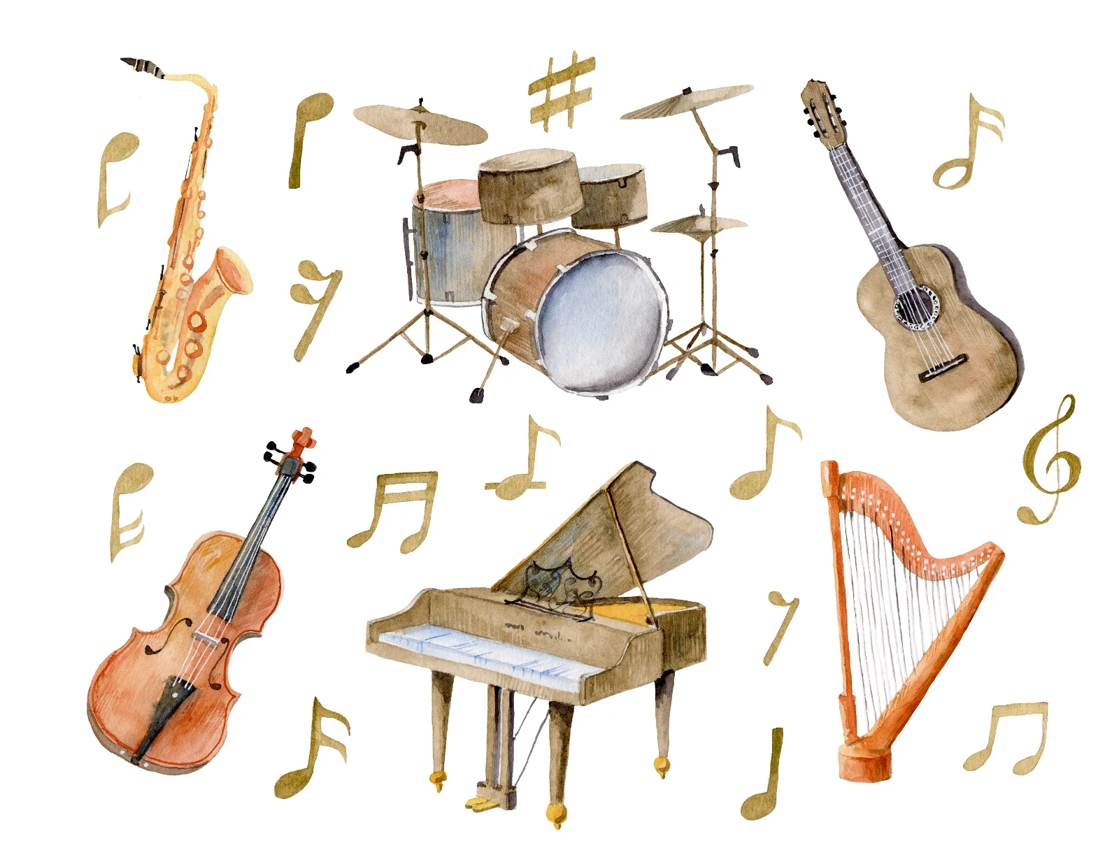 Watercolor Musical Instruments And Note Symbols
