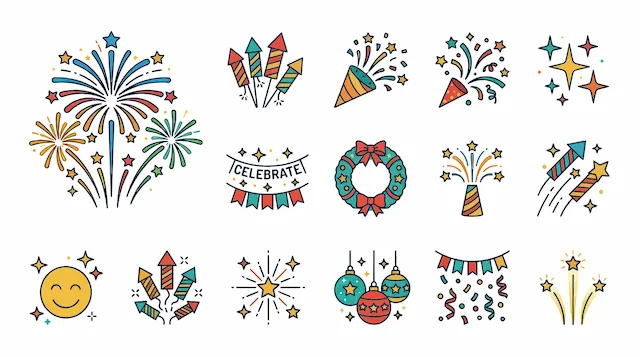 Celebration Icons With Fireworks And Party Decor
