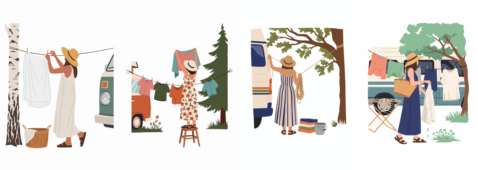 Women Camping And Hanging Laundry Outdoors