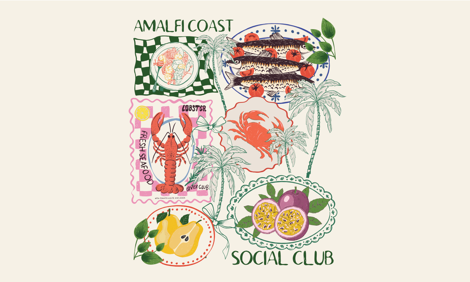 Amalfi Coast Seafood Pattern With Tropical Palms