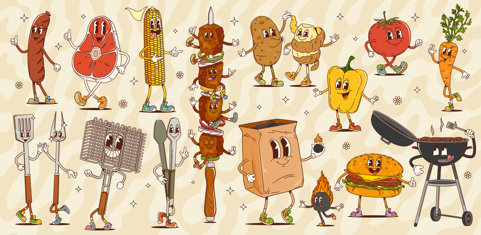 Barbecue Party Food And Tool Characters